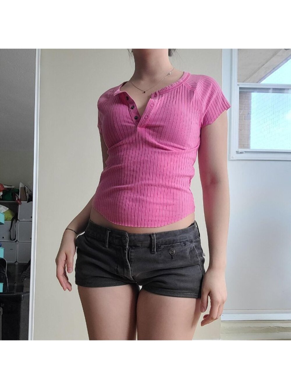 American Eagle Coquette Y2K Pink Cotton Ribbed Slim Baby Tee (S)